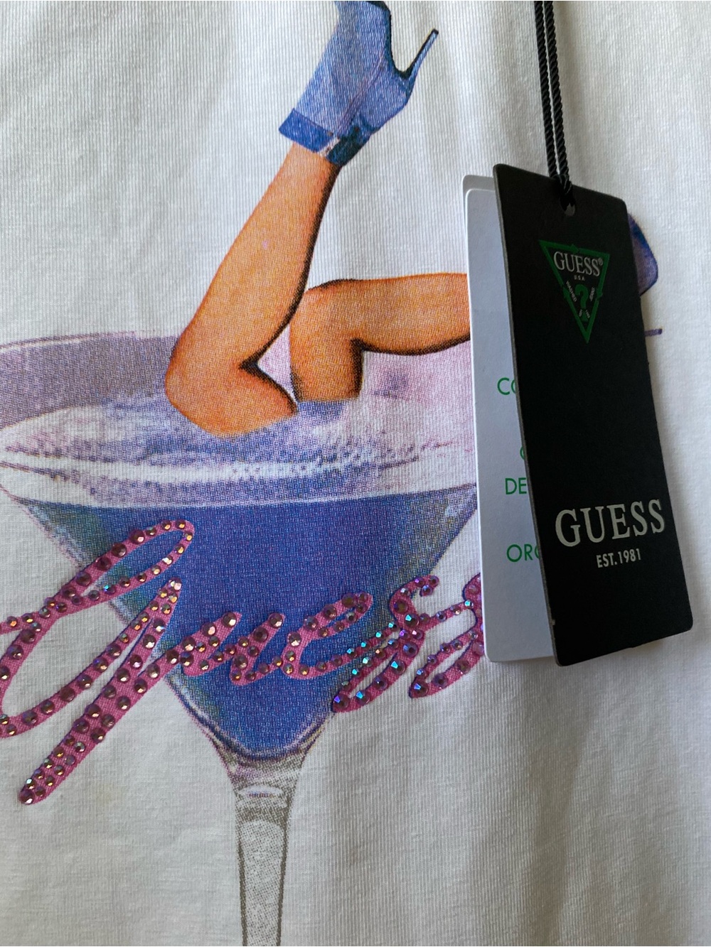GUESS White Graphic Cocktail Tee with Blue Accents